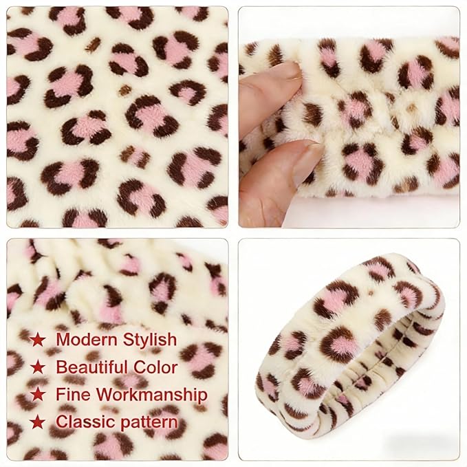 hexiaoxiao 6 Pack Microfiber Spa Headband Elastic Skin-Friendly No Slip Hairband for Women Face Wash Skincare Yoga Makeup Daily Use (Leopard & Polka Dot Patterns)