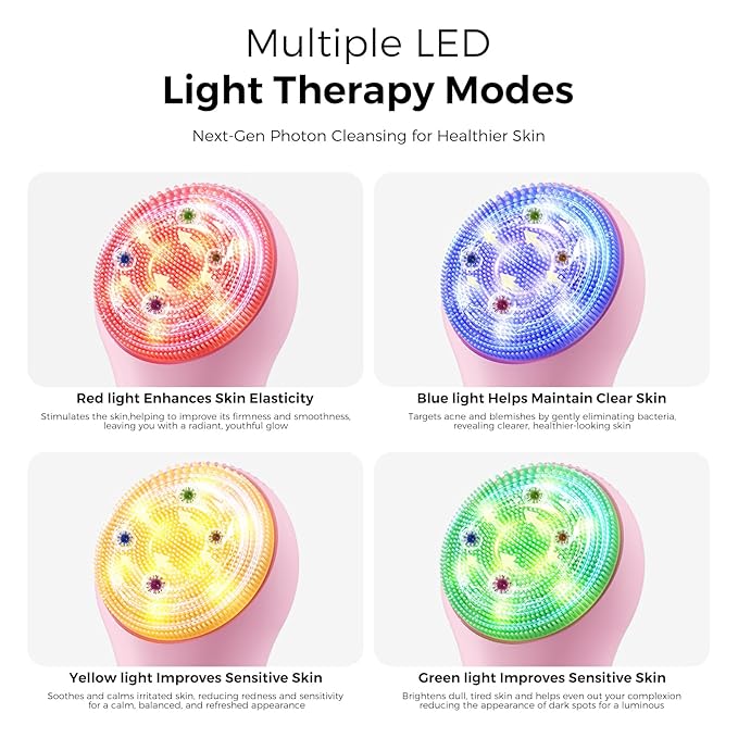 Face Scrubber Facial Cleansing Brush - Waterproof and Rechargeable Face Cleansing Brush with 4 LED Gentle Light, Cleansing, Exfoliating and Massaging, Electric Face Scrub Brush for Men & Women
