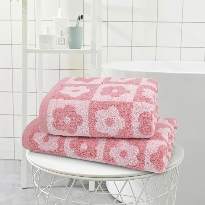 Jacquotha 2-Pieces Luxury Bath Towels Checkered Floral, Pink Towels for Women Girls Shower Body 27.5x55 Inches, Bathroom Decor & Pool Days, Cotton