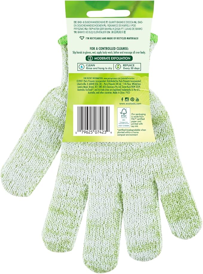 EcoTools Bath & Shower Gloves, Recycled Netting, Exfoliating, Gentle Cleansing for Whole Body, Fits All Hands, Green, 1 Pair