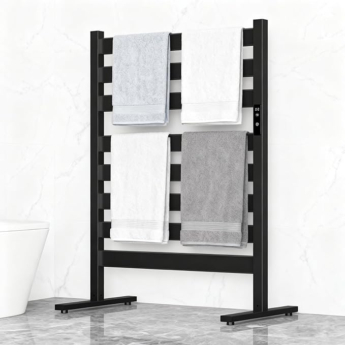 Verida Towel Warmer for Bathroom, Heated Towel Rack, Upgraded Extra-Wide Heating Area, Built-in Timer and Temperature Adjustment, Large Free-Standing Heated Towel Racks, Black 8 Bar Large