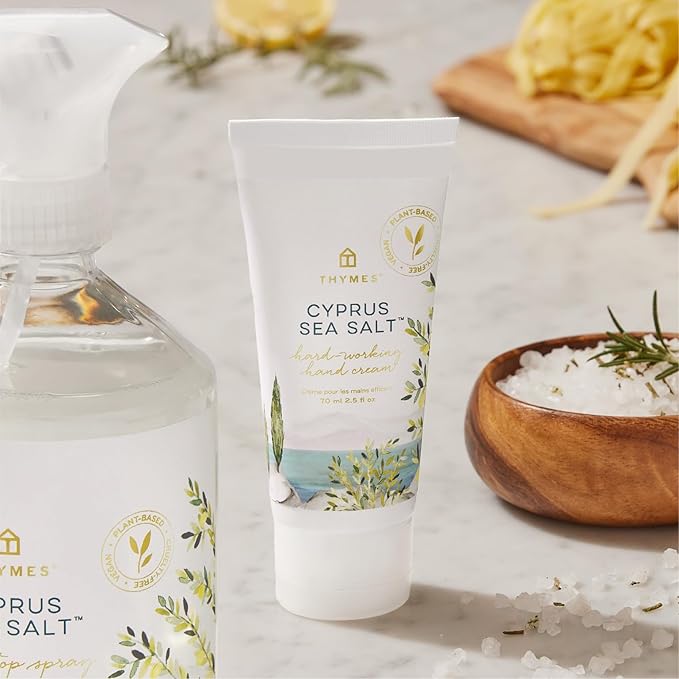 Thymes Hard-Working Hand Cream - Hand Moisturizer with Shea Butter, Sunflower Seed Oil & Pro-vitamin B5 - For Women & Men - Travel Size - Skin Care (Cyprus Sea Salt, 2.5 fl oz)