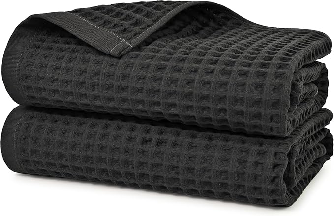 Jacquotha Waffle Bath Towels 2-Piece (Dark Grey) - Cotton, Soft, Quick Dry, 31” x 62” Large Bath Towel for Bathroom, Shower, Spa