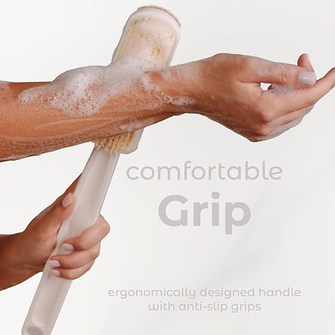 MainBasics Back Scrubber for Shower, Long Handle Body Brush with Dual-Sided Exfoliating and Soft Bristles, 15.75 Inch (White)