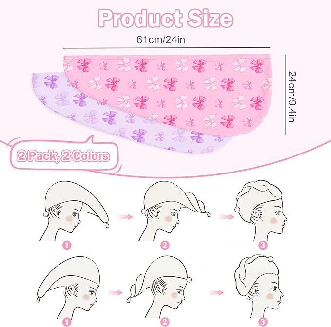 Microfiber Hair Towel Wrap for Kids Hair Drying Towel Wrap with Button 2 Pack Wet Hair Towel Wrap Head Towels Wrap for Girls