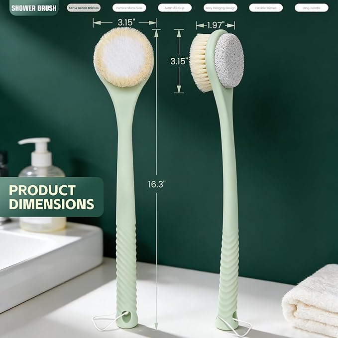 Back Scrubber for Shower, Long Handle Exfoliating Brush, Dual-Sided Bath Brush with Soft Bristles & Volcanic Pumice Stone, Anti-Slip Grip for Men & Women (Green)
