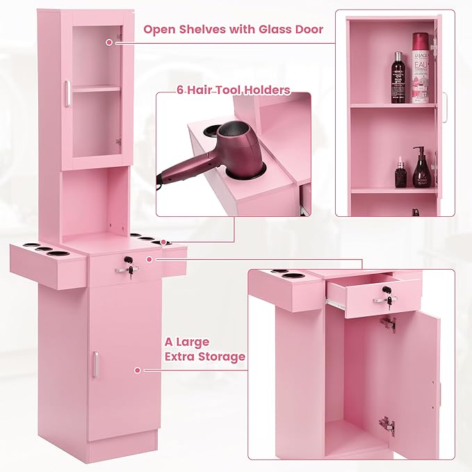 RESHABLE Salon Station for Hair Stylist,Hair Styling Storage Cabinet with Glass Door,Tool Dryer Holders, Salon Beauty Spa Barber Hair Staion, Pink