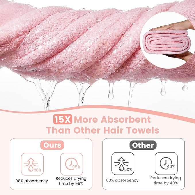 Microfiber Hair Towel Wrap for Women, 2 Pack Large Fast Drying Hair Towel Turban Shaped, Ultra Soft Thick Absorbent Anti-Frizz Towel for Curly Long Wet Hair, Durable Double Stitched Edges(Pink/Blue)