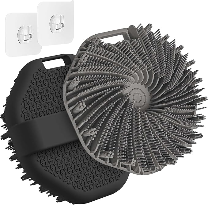 ManmiHealth 2 PCS Silicone Body Scrubber Shower Brush, Upgrade Super-Exfoliating Shower Scrubber with Non-Slip Hand Strap, Silicone Body Buffer for Use in Shower with a Free Hook (Black+Gray)