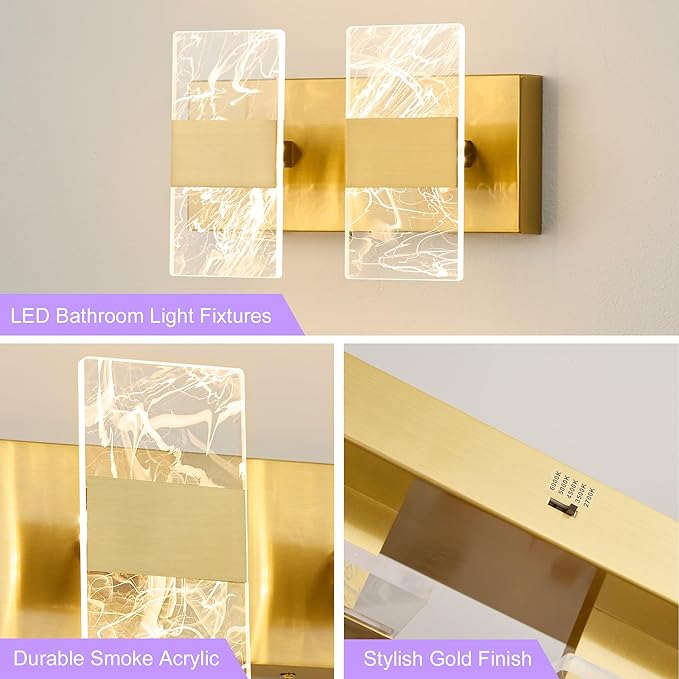 Modern LED Bathroom Light Fixtures Dimmable 2-Light Gold Vanity Light, 5CCT Adjustable Lighting Fixture Vanity Lights Over Mirror, Smoked Acrylic LED Vanity Lights for Bathroom