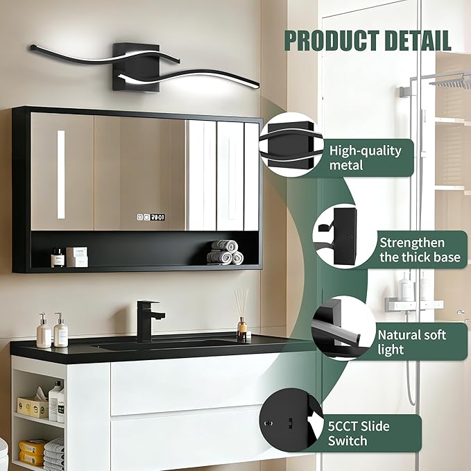 Espird 23inch Led Bathroom Vanity Light Bar, Matte Black 5CCT Dimmable 2700-6500K Vanity Lights for Bathroom, Modern Bathroom Light Fixtures Over Mirror Led Lighting Fixtures