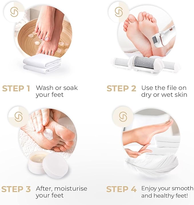 Essy Electric Foot File Hard Skin Remover with 5 Replacement Rollers Foot File Electric Pedicure Sets Cutters Accessories for Dry Dead Hard Skin Feet Callus Remover for Feet Care Exfoliator (White)