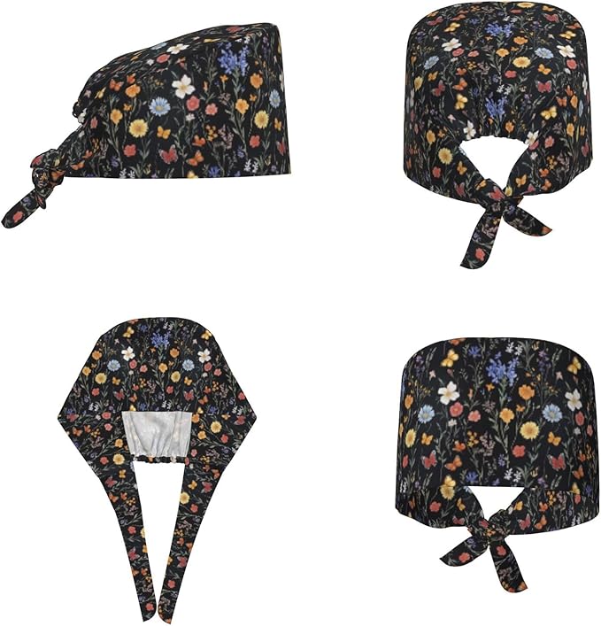 Scrub Cap for Women and Men Boho Black Leaf Pattern Adjustable Breathable Sweatband Hat for Work Kitchen Spa Shower Daily Use