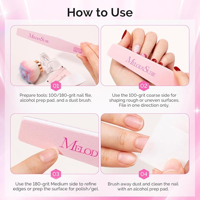 MelodySusie Nail File Kit, 4Pcs Double Sided 100/180 Grit Emery Boards for Nails, Professional Nail Art Manicure Pedicure Supplies for Home and Salon Use, Mothers Day Gifts, Pink & Purple