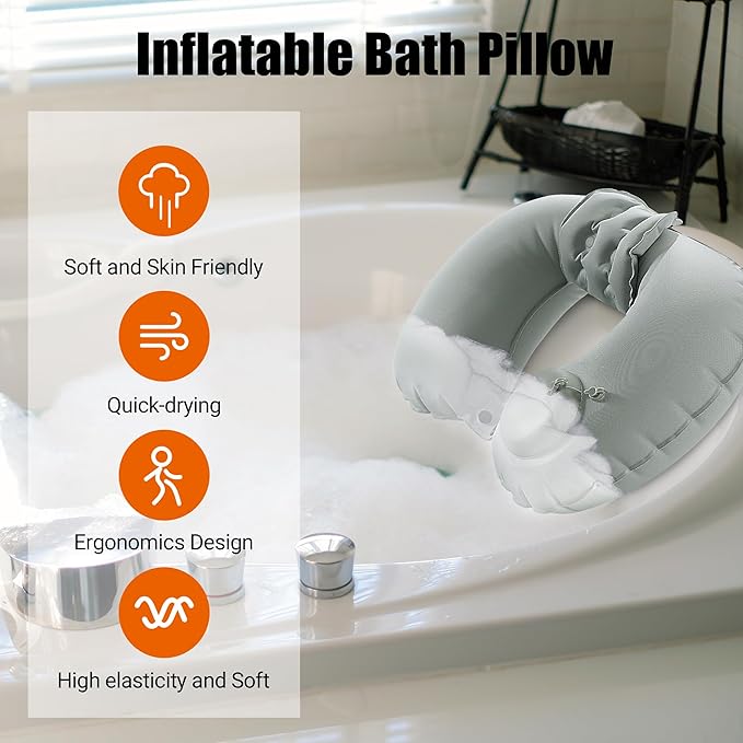 MABOZOO Inflatable Bath Neck Pillows for Tub & Shower - Head & Neck Support, Grey U-Shaped Travel Pillow for Airplane