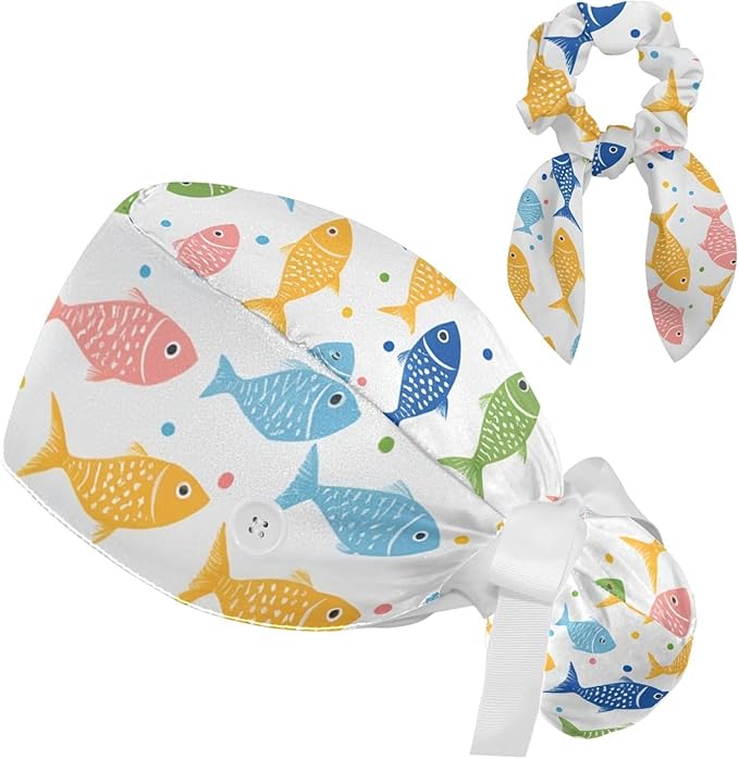 Scrub Caps Women Ponytail Cute Pink and White Leaves Caps Bouffant Working Hat Elastic Tie Back Hats with Button
