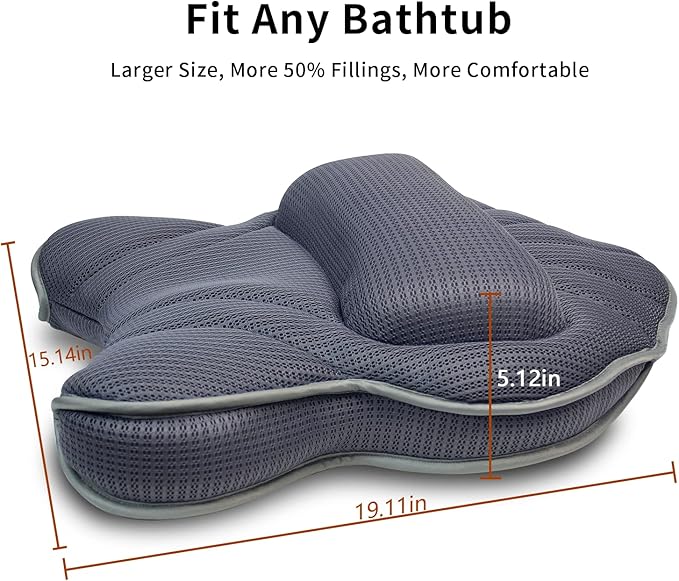 Poemland Extra Thick Large Bath Pillow with Neck,Back,Head Support for Bathtub, Spa, Soaking Gray(19''x15'')