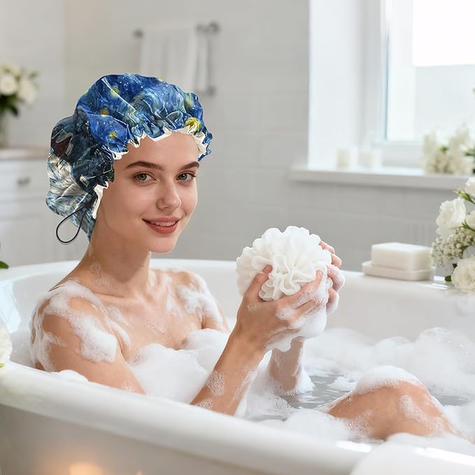 Shower Cap Reusable Double Layer Adjustable Elastic Waterproof EVA Hair Bath Caps for Women Girls Cute Aesthetic-Starry Night