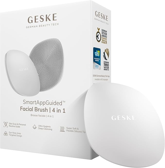 GESKE SmartAppGuided™ Facial Brush | 4 in 1 | Professional Facial Cleansing Brush | Skin Cleansing Silicone Facial Brush | Routine Skincare | Gentle Cleansing | Facial Cleanser