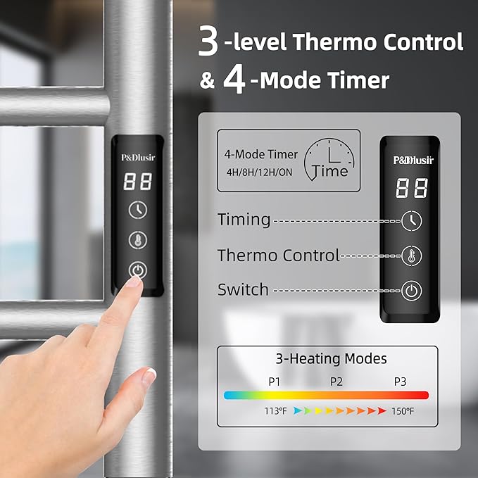 P&Dlusir Towel Warmer, Heated Towel Rack with Smart Timer and Thermo Control, Wall-Mounted Heated Towel Rail, Stainless Steel, Hard-Wired/Plug-in, Brushed, 5 bar