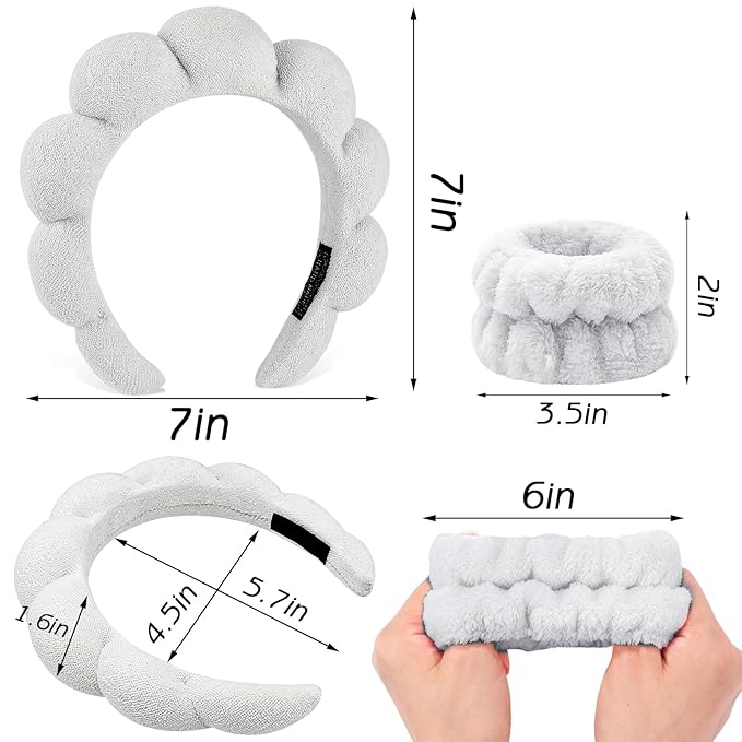 Zkptops 6Pcs Spa Headband for Washing Face Wristbands Set Women Bubble Makeup Sponge Terry Cloth Padded Puffy Skincare Headband Bow Tie Hairband Cute Non Slip Thick Hair Accessory Gifts (Grey)
