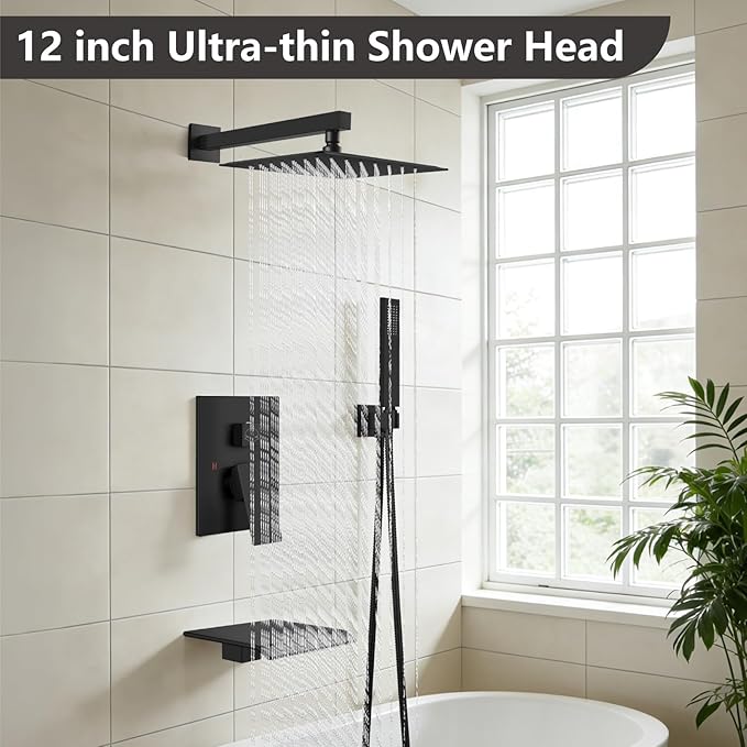 Midanya Shower System with Tub Spout,Bathtub Shower Faucet Set with Square Rainfall Head and Handheld Sprayer Wall Mount Tub Faucet Set with Valve and Trim Kit,12 Inch Matte Black