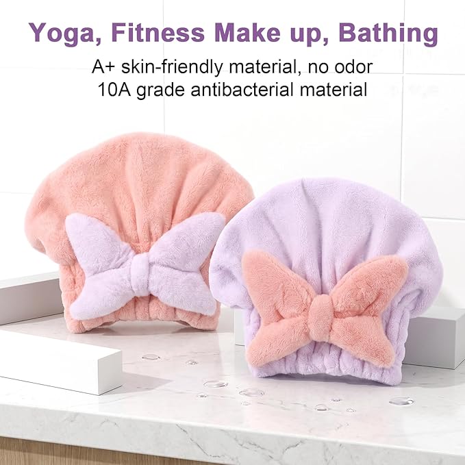 2Pcs Skin-Friendly Hair Drying Cap Quick-Drying Hair Towel Cap Microfiber Hair-Towel Bonnet (Pink+Purple)