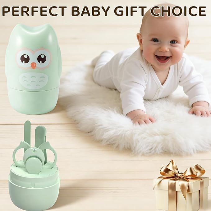 Baby Nail Kit, Baby's Manicure Kit and Pedicure kit with Cute Owl Shape Case Nail Clipper, Scissor, Nail File & Tweezer for Newborn, Infant & Toddler, Mothers Day Gifts(Green)