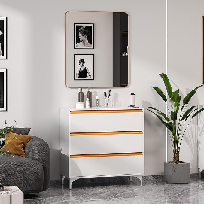 OmySalon Salon Station for Hair Stylists, Free Standing Barber Cabinet with 3 Drawers, Hair Dryer Holders & Square Mirror, Modern Beauty Vanity for Salon, Spa, White Gold