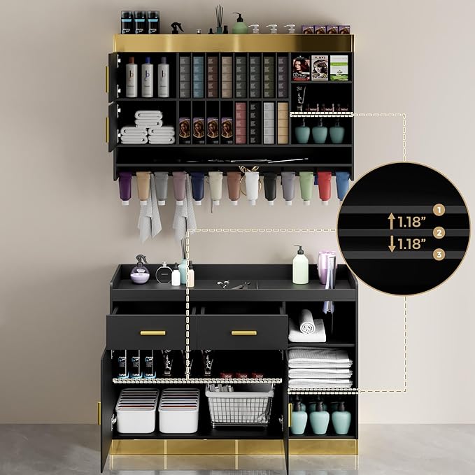 Salon Station Barber Color Bar with Drawers & Adjustable Shelves, Salon Storage Cabinet and Wall Mounted Hair Color Organizer for Salon Display, Black