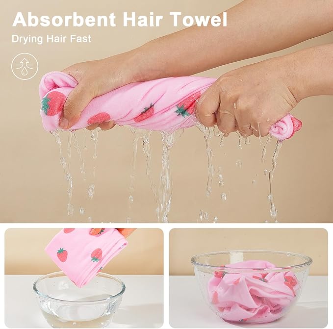 Unicorn Castle Microfiber Hair Towel for Kids 2Pack Hair Wrap Towels Absorbent Hair Drying Towel Wrap Hair Turbans for Curly Thick Hair, Pink White Strawberry