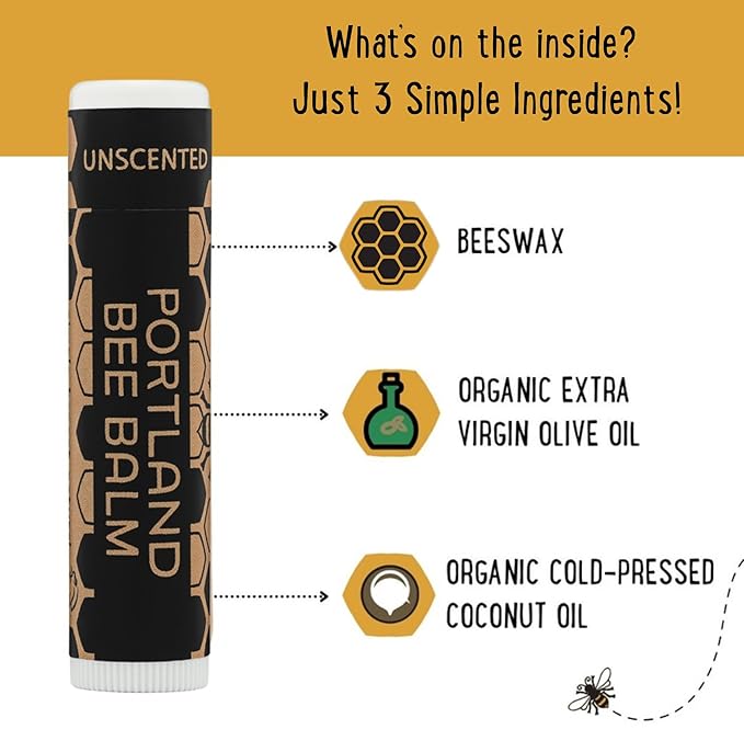 Portland Bee Balm All Natural Handmade Beeswax Based Lip Balm, Unscented 3 Count