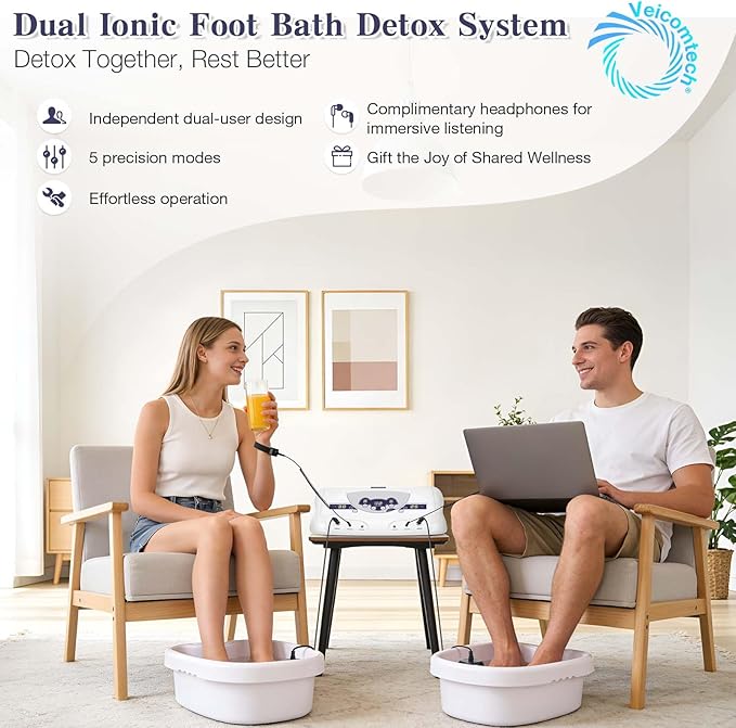 veicomtech Dual Ionic Foot Bath Detox Machine, ion Detox Foot Bath Spa Cleanse System for 2 Users with MP3 Music Player, 2 Array, 2 Wrist Band, 5 Liners