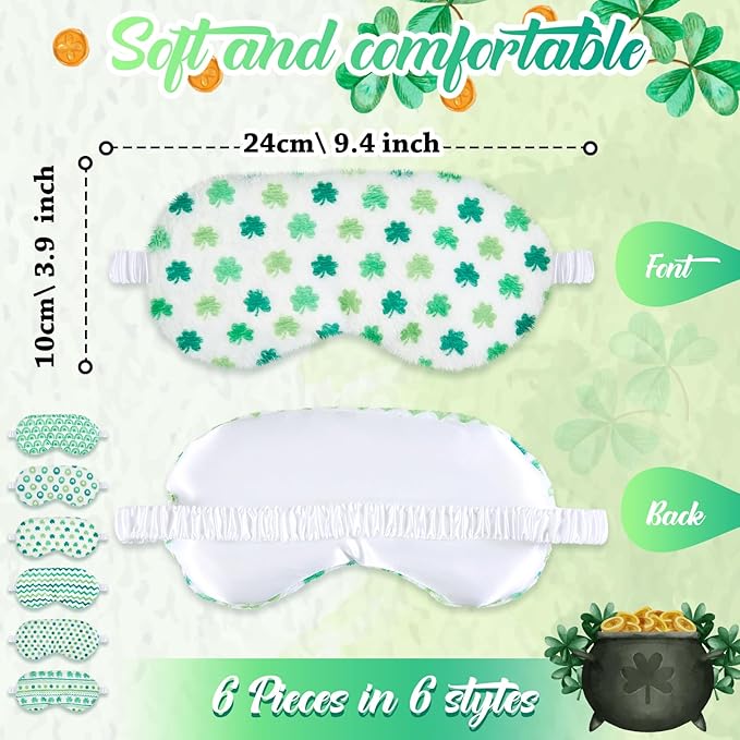 Cuffbow 6 Pack Plush Sleep Mask Set, Cute Plush Eye Masks for Sleeping, Soft Comfortable Travel Nap Blindfold, Sleepover Party Favors for Women(Four Leaf Clover,Green)