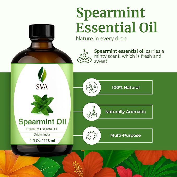 SVA Spearmint Essential Oil 4 Oz with Dropper 100% Pure Natural Undiluted Premium Therapeutic Grade Oil for Diffuser, Aromatherapy, Face, Body & Hair Care