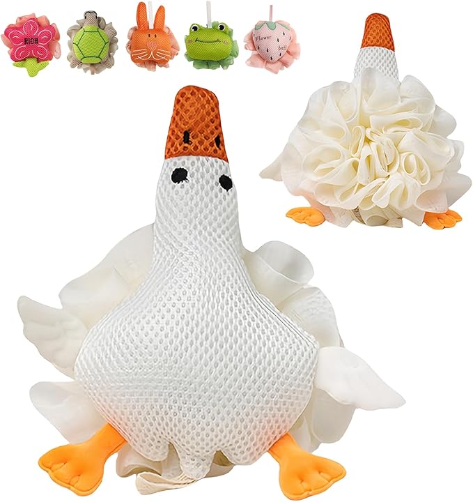 Kids Loofah, Cute Cartoon Animal Kids Bath Sponge with Hanging Rope, Soft Double Mesh for Rich Lather (Big White Goose)