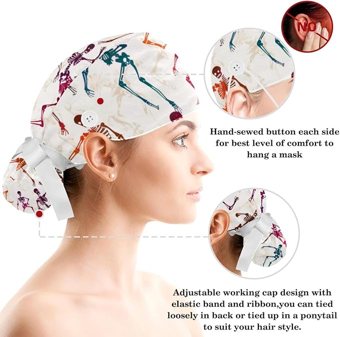 Women Working Cap with Buttons Bouffant Hat Autumn Leaves Nurse Scrub Caps Long Hair