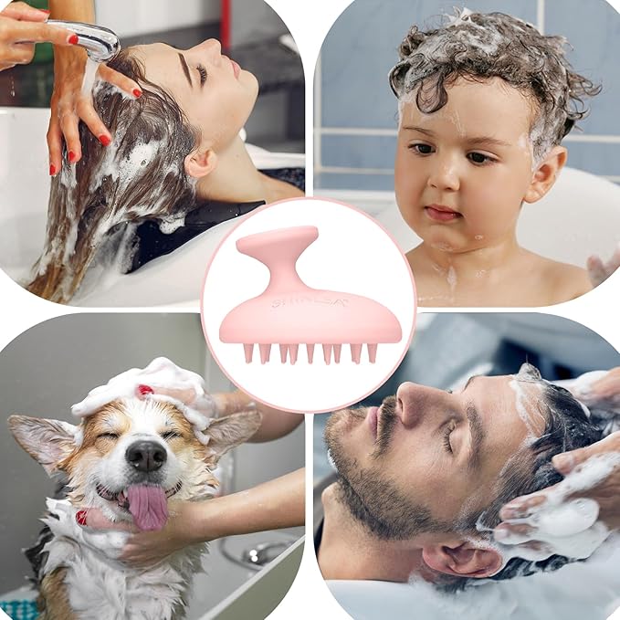 SHINLEA Silicone Scalp Massager Shampoo Brush, Head Scrubber with Soft Bristles for Hair Growth, Scalp Exfoliator for Dandruff Removal, Wet Dry Hair Brush for Scalp Care, Pink