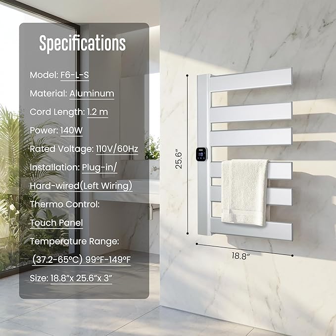 Towel Warmer, Heated Towel Rack with Built-in Timer and Temperature Control,Hard-Wired(Left-Wiring)/Plug-in Wall-Mounted Towel Rail, Aluminum, 18.8" W X 25.6" H, Silver