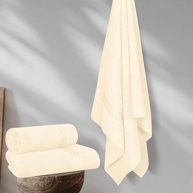 BELZZI Home Ultra Soft 4 Pack Oversized Bath Towel Set 27x54, Cotton Compact Bath Towels, Highly Absorbant Eco-Friendly Quickdry & Lightweight Towel, Ideal for Gym Travel Camp Pool - Ivory