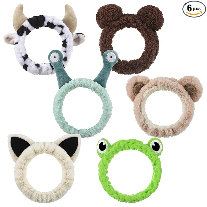 6-pack Animal Headbands Soft Coral Fleece Hair Band for Face Washing, Makeup, Skincare, Spa, Multi-color Animal Headbands for Women and Girls Gift