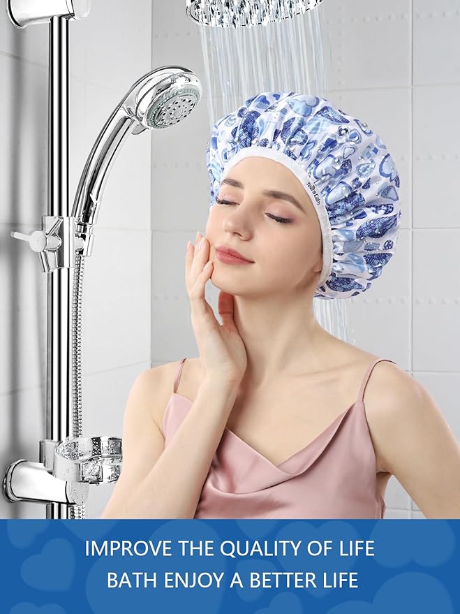 Years calm Terry Lined Shower Cap, Triple Layer Heart Motifs,Waterproof Reusable Elastic,Hair Shower Cap for Women,Terry Cloth Shower Caps for Spa,Clean,Trave (Blue, One Size)