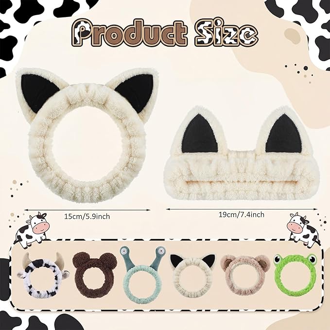 6-pack Animal Headbands Soft Coral Fleece Hair Band for Face Washing, Makeup, Skincare, Spa, Multi-color Animal Headbands for Women and Girls Gift