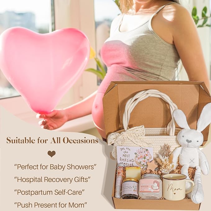 New Mom Gift Basket | New Mom Care Package with Tote Bag, Mug | Spa & Relaxation Set with Rose Bath Salt, Scrub, Handmade Soap & Card – Thoughtful Postpartum Gift for Mommy