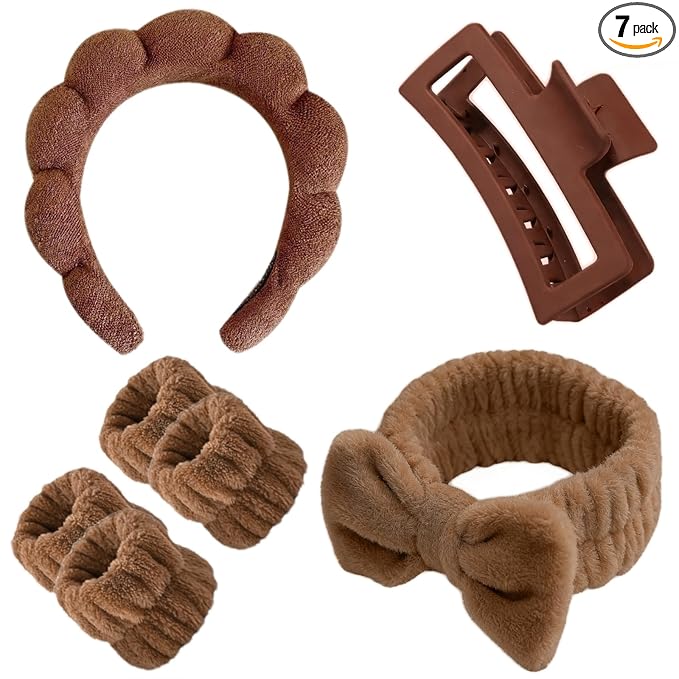 7 Pcs Spa Set, Facial Headband and Wristband Set, Skincare Accessories, College Style Girl Idea Gifts, Hair Accessories for Women and Girls （Dark Brown）
