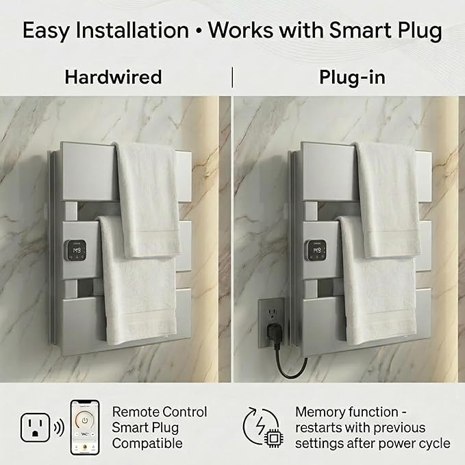 Electric Towel Warmer, Heated Towel Rack with Thermo Control and Timer, Fast Heating Towel Rail for Bathroom with Memroy Function, Work with Smart Plug, Left-Wiring, 3 Panel, Silver