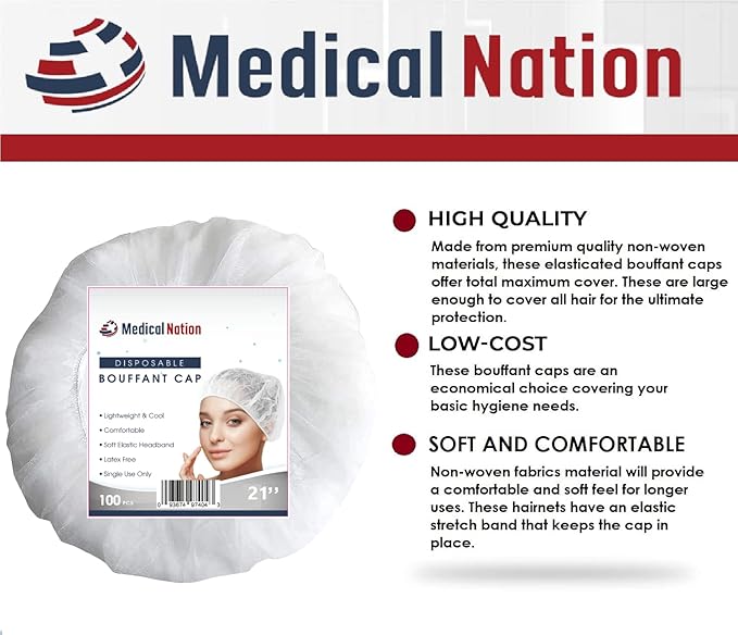 Medical Nation 21" Disposable Bouffant Caps | Pack of 100, White | Hairnets, Non-Woven, Non-Pleated Head Hair Covers |For Medical, Labs, Nurse, Tattoo, Food Service, Hospital, Cooking - Size 21" White