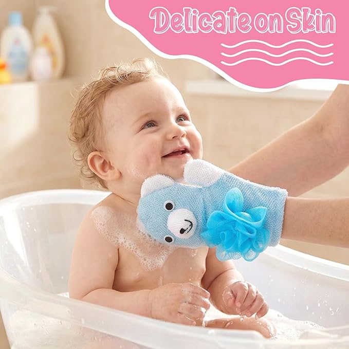 Bath Gloves Loofah for Kids, 2 Pcs Cute Animal Kids Sponges Shower Gloves Loofah Colorful Exfoliating Body Scrubber for Baby Gentle Soft and Easy to Lather (Blue Bear, Green Frog)
