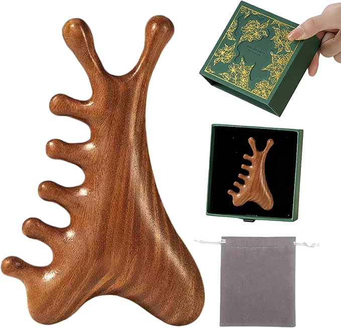 4-in-1 Sandalwood Gua Sha Tool - Valentines Day Gifts for Women, Mom, Wife, Girlfriend | Wooden Scalp & Face Massager for Lymphatic Drainage, Stress Relief | in Floral Gift Box