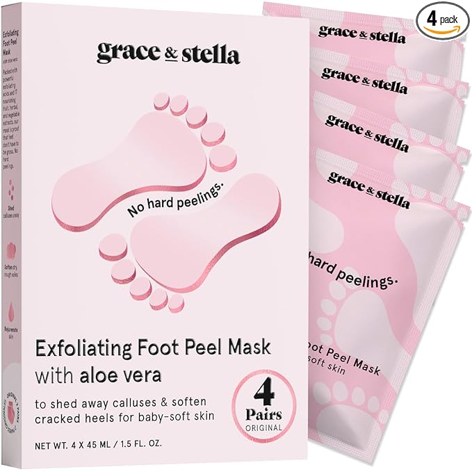grace & stella Award-Winning Foot Peel Mask - Foot Peeling Mask with Aloe Vera - Moisturizing Foot Mask for Dry Cracked Feet - Foot Exfoliator for Baby Soft Feet (4 Pairs, Unscented)